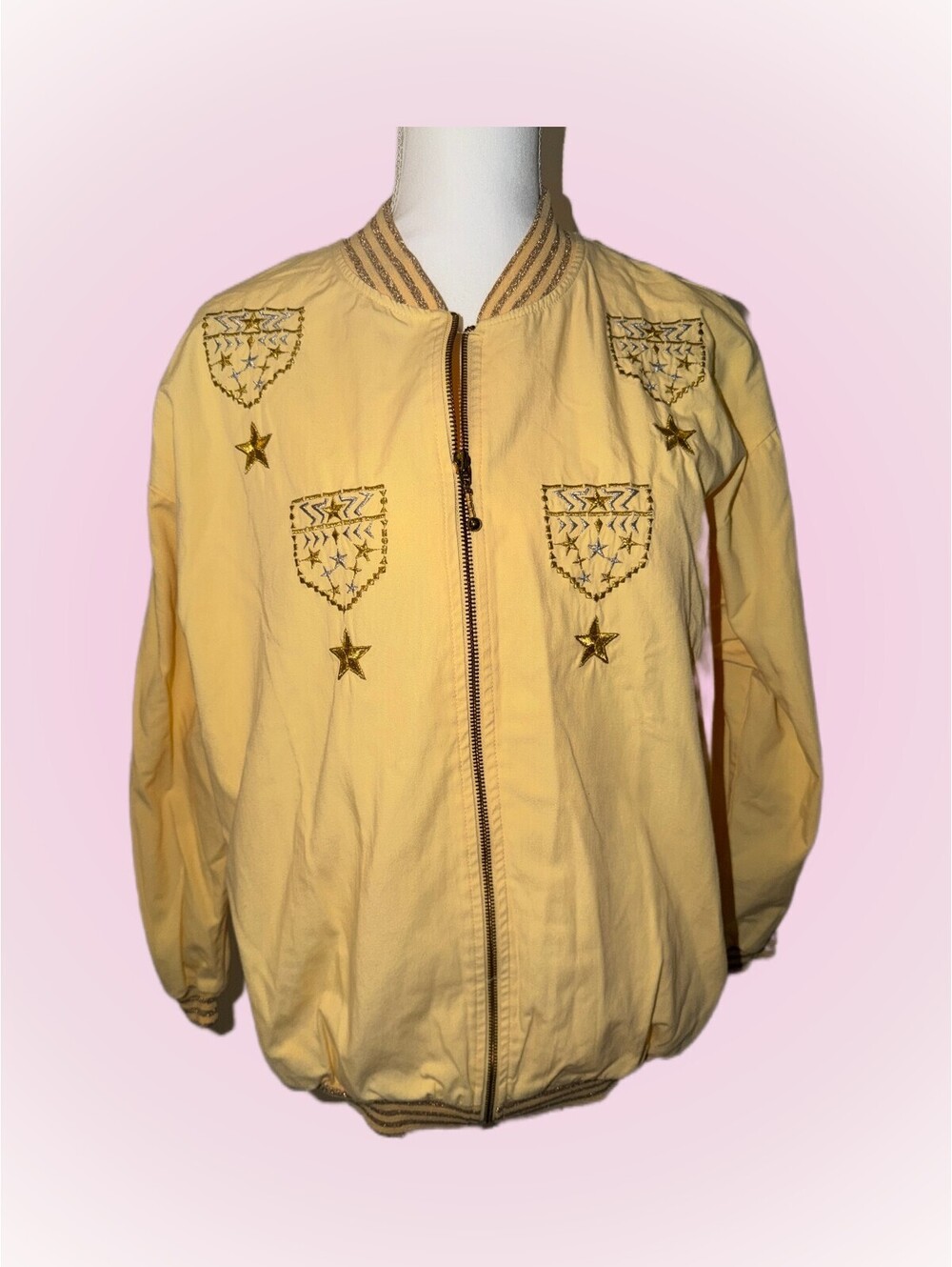 Womens Rafael Small Yellow Embroidered Star Bomber Jacket Gold Metallic Trim